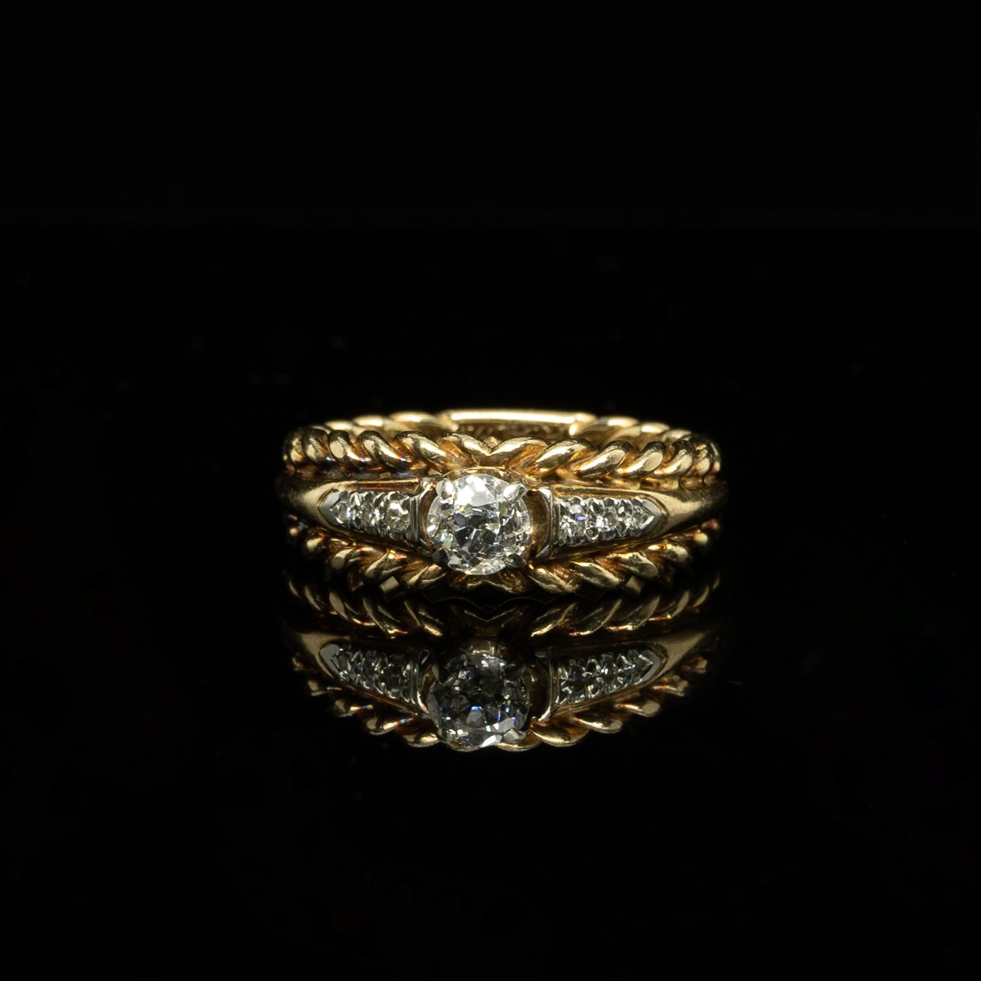 Retro Old Mine Cut Diamond Engagement Ring w Rope Motif Enhancer Bands 14k Gold