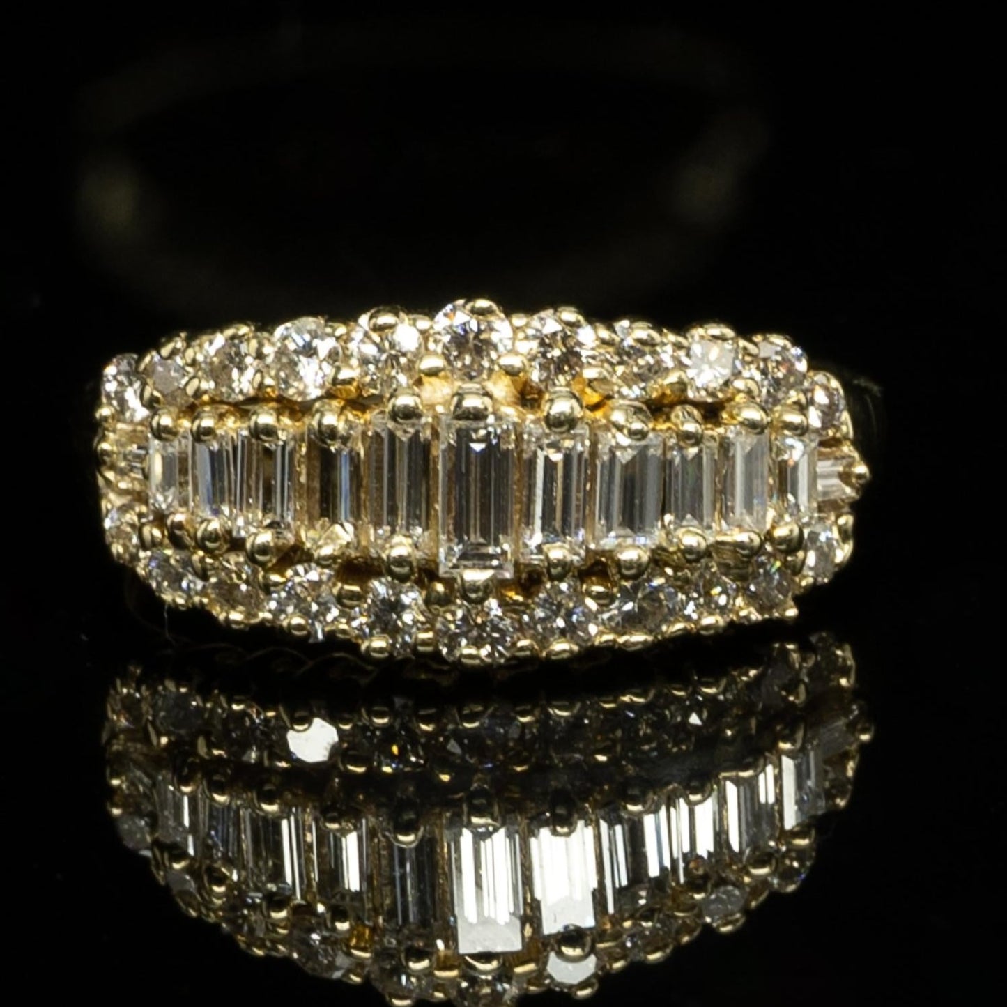 1.5ctw Diamond Round & Baguette Cut Three Row Band 14k Yellow Gold Ring