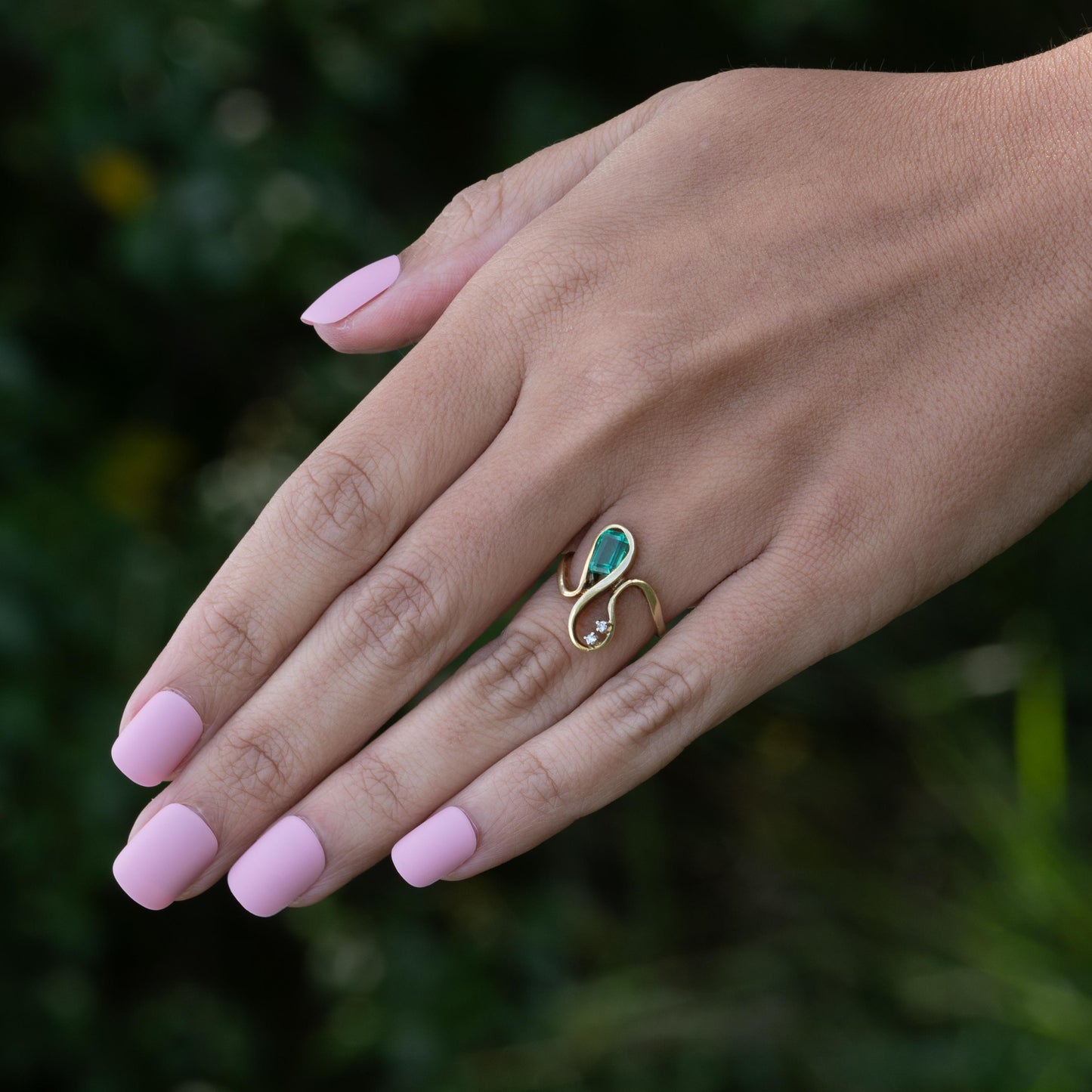 Emerald and Diamond Swirl 14k Yellow Gold Cocktail Ring