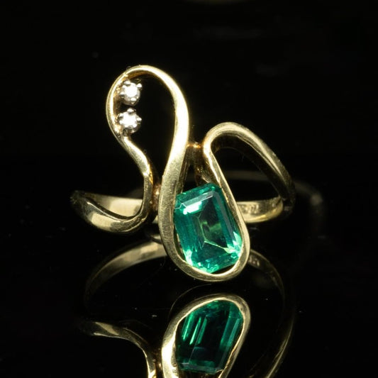 Emerald and Diamond Swirl 14k Yellow Gold Cocktail Ring