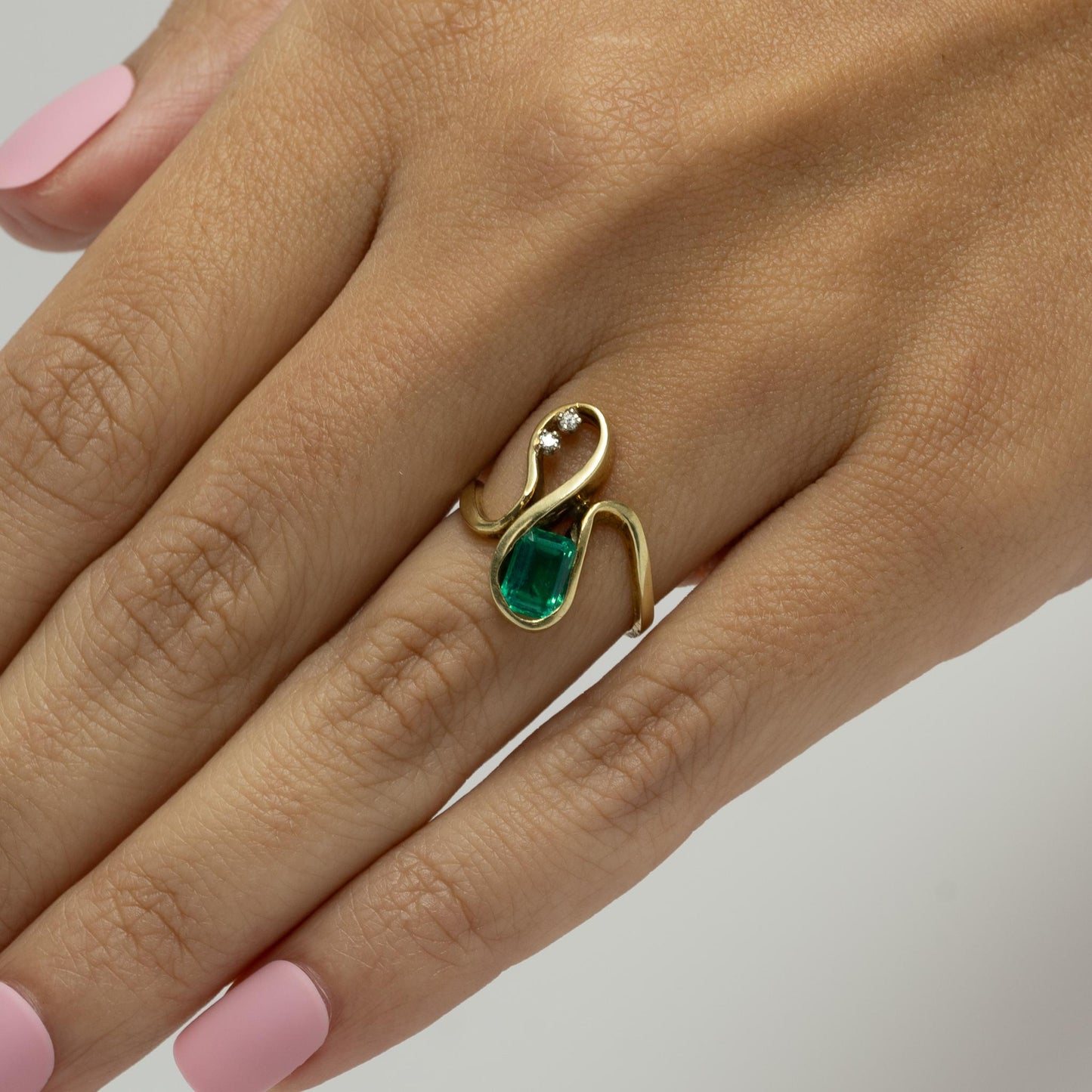 Emerald and Diamond Swirl 14k Yellow Gold Cocktail Ring