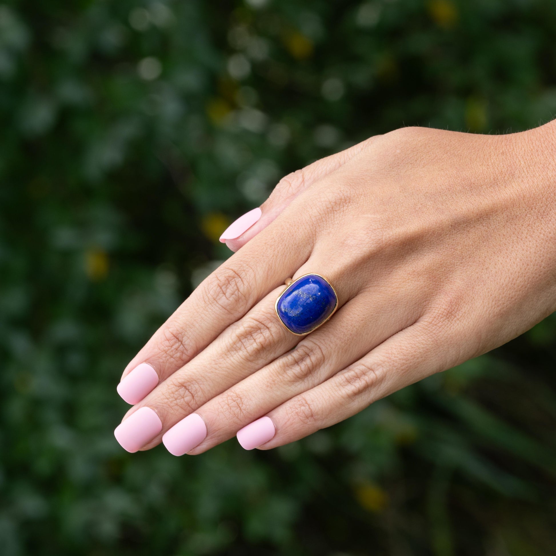 Lapis Lazuli Rectangle Cabochon Bezel Set 14k Yellow Gold Statement Ring