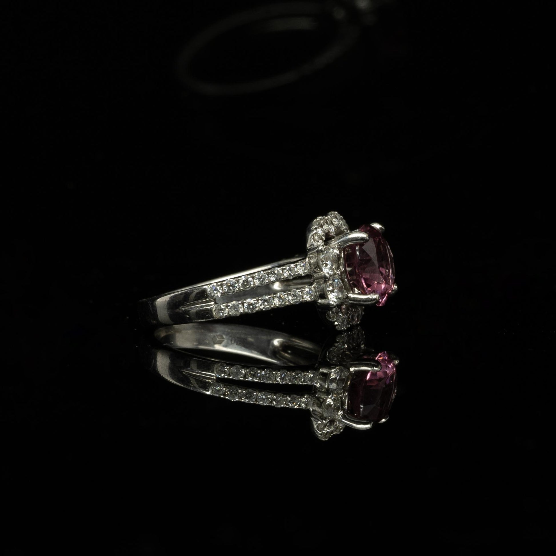 Round Pink Tourmaline in Diamond Halo 18k White Gold Split Shank Ring