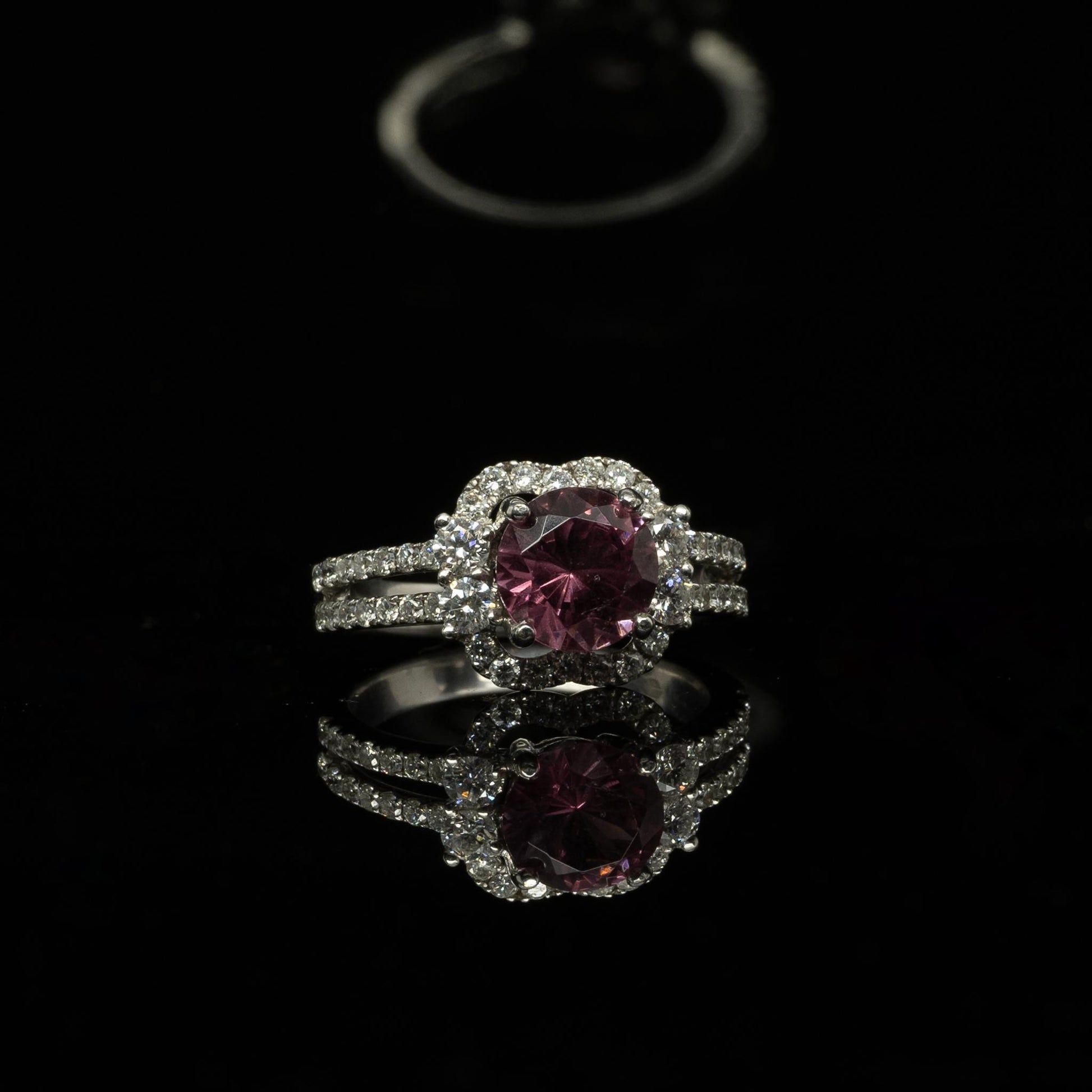 Round Pink Tourmaline in Diamond Halo 18k White Gold Split Shank Ring