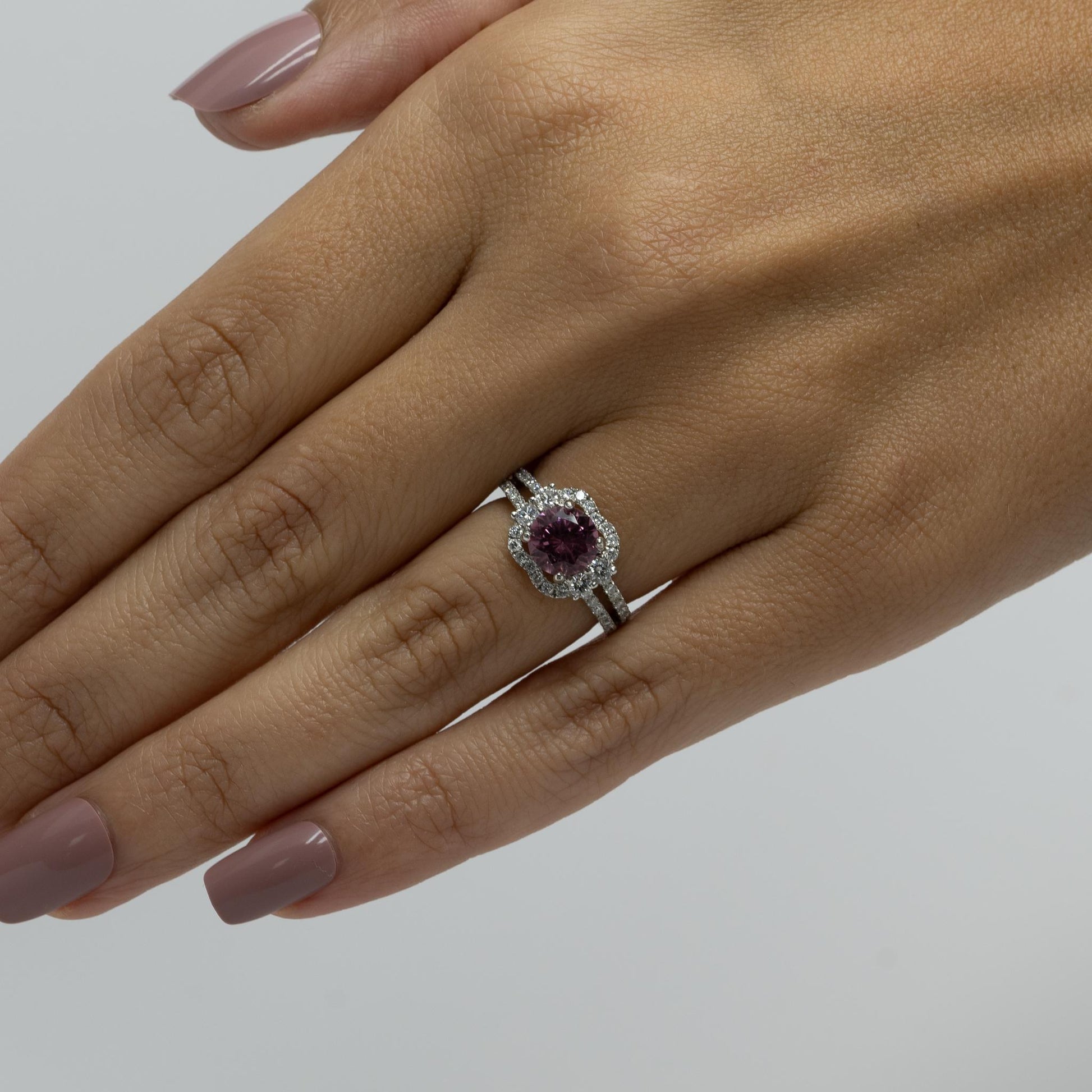 Round Pink Tourmaline in Diamond Halo 18k White Gold Split Shank Ring