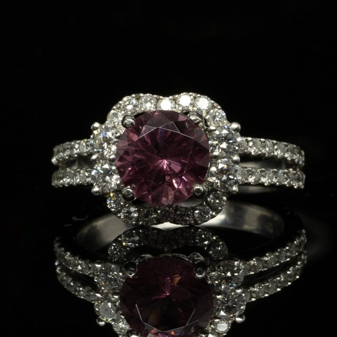 Round Pink Tourmaline in Diamond Halo 18k White Gold Split Shank Ring