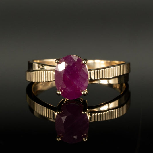 Oval Ruby Solitaire 14k Yellow Gold Textured Cross Over Ring