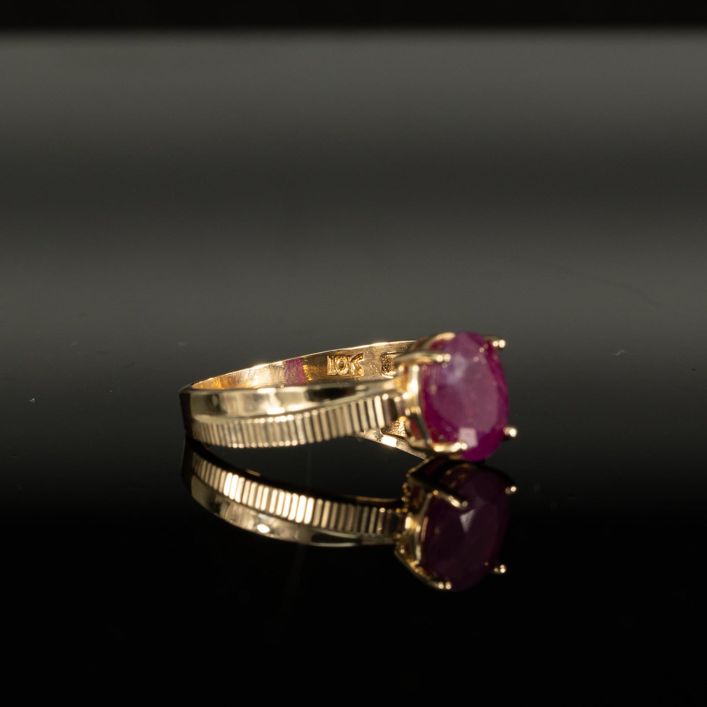 Oval Ruby Solitaire 14k Yellow Gold Textured Cross Over Ring