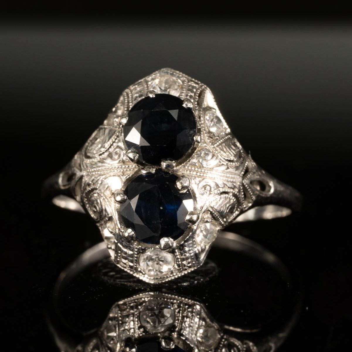 ArtDeco Dark Blue Sapphire Two Stone Diamond Shield 18K White Gold Filigree Ring