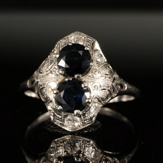 ArtDeco Dark Blue Sapphire Two Stone Diamond Shield 18K White Gold Filigree Ring