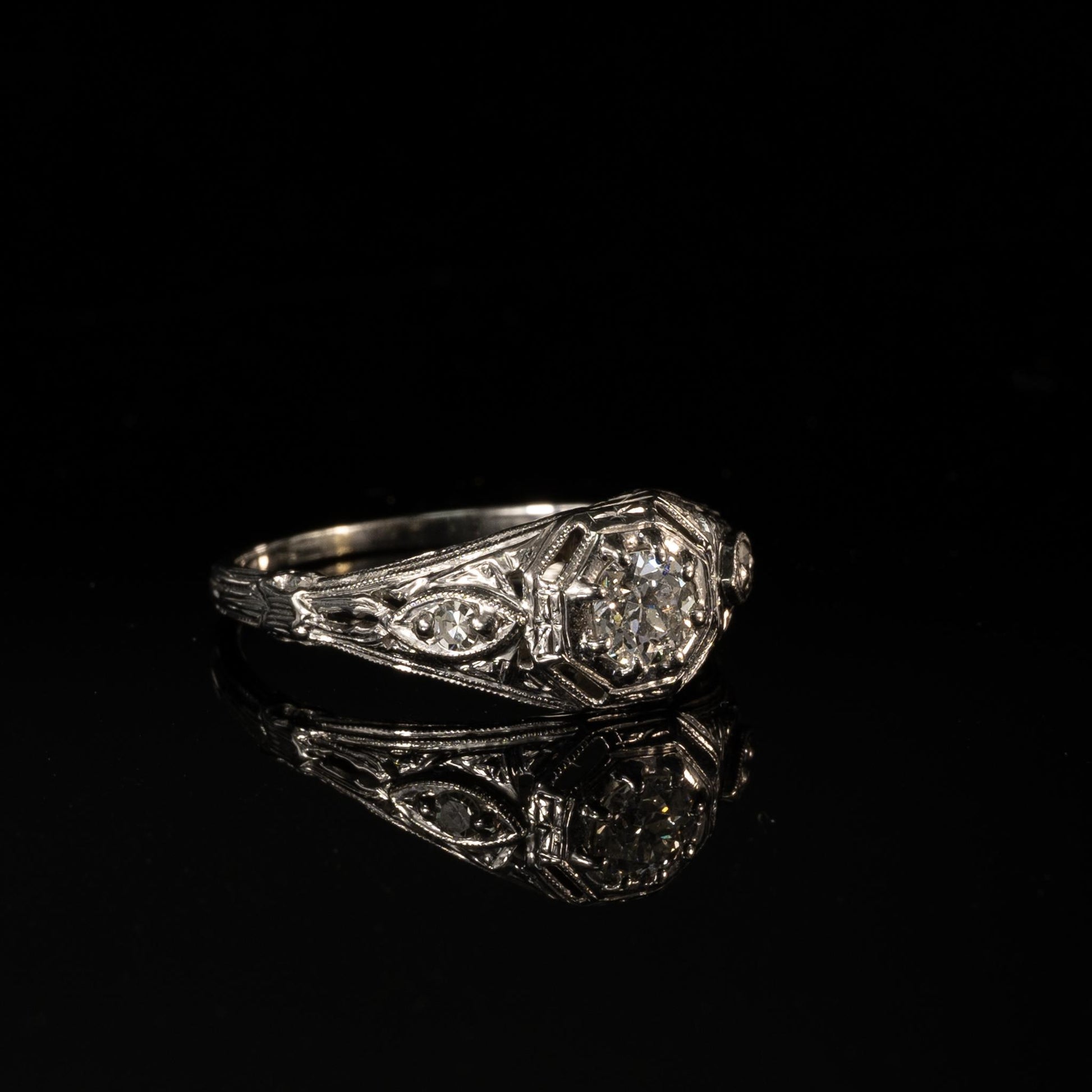 Art Deco Diamond Solitaire 18k White Gold Filigree Engagement Ring