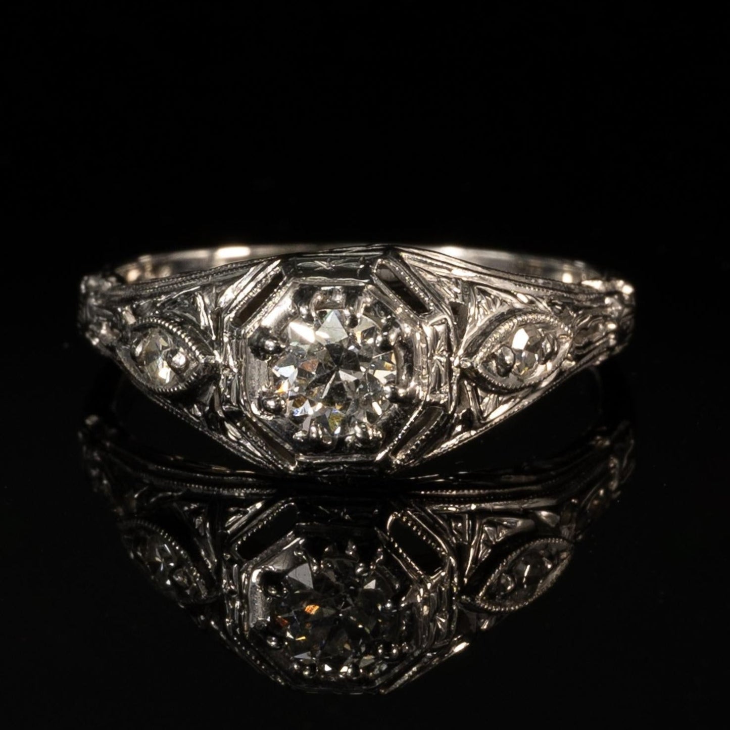 Art Deco Diamond Solitaire 18k White Gold Filigree Engagement Ring