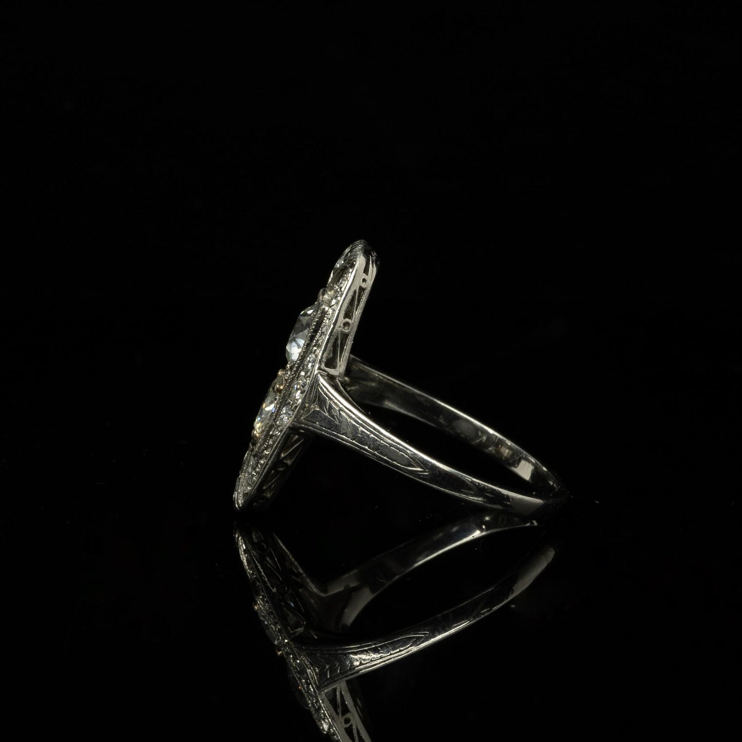 Art Deco Old European Cut Diamond Platinum Shield Ring