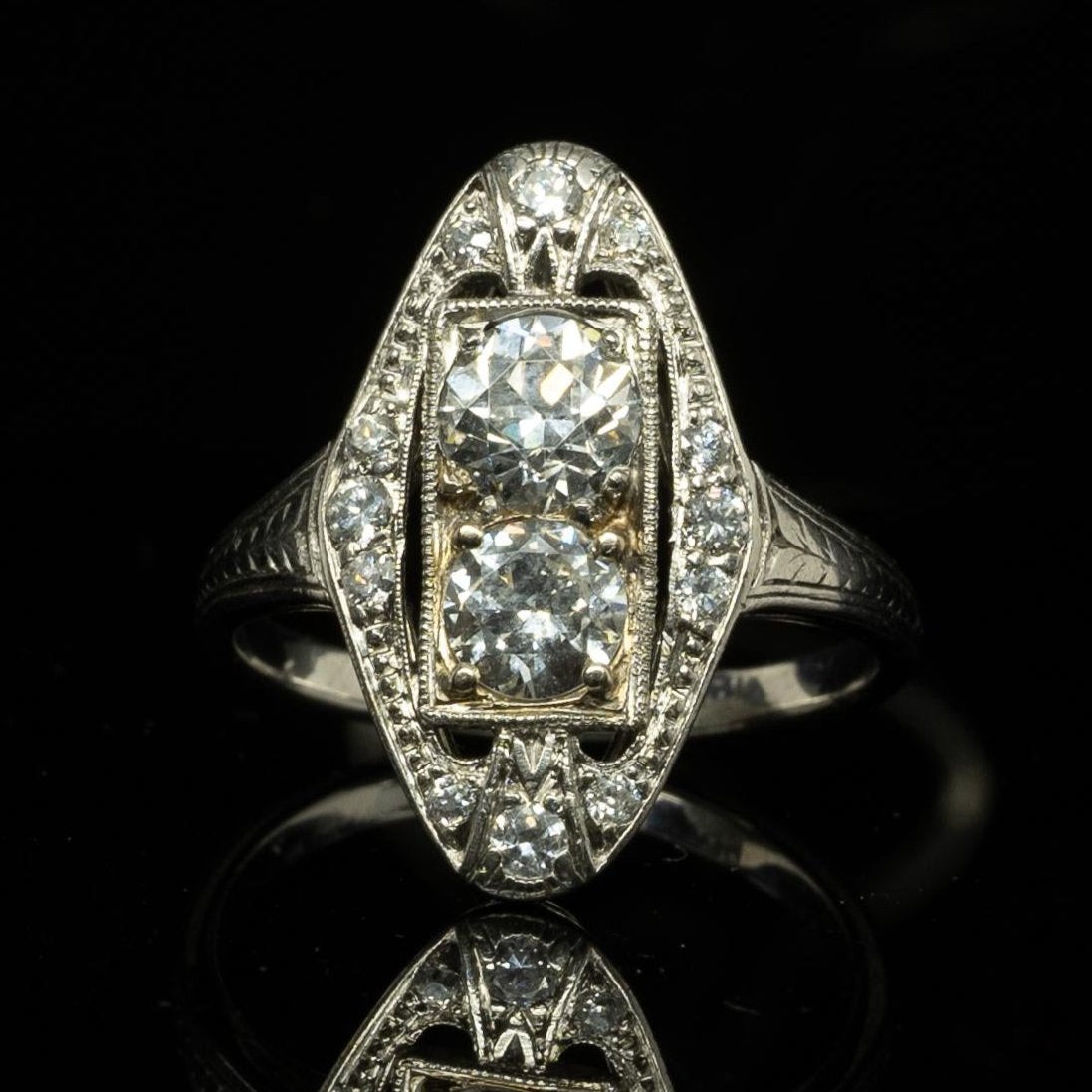 Art Deco Old European Cut Diamond Platinum Shield Ring