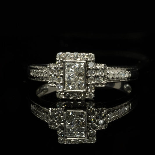 Half Carat TW Princess Cut Diamond Invisible Set White Gold Halo Engagement Ring