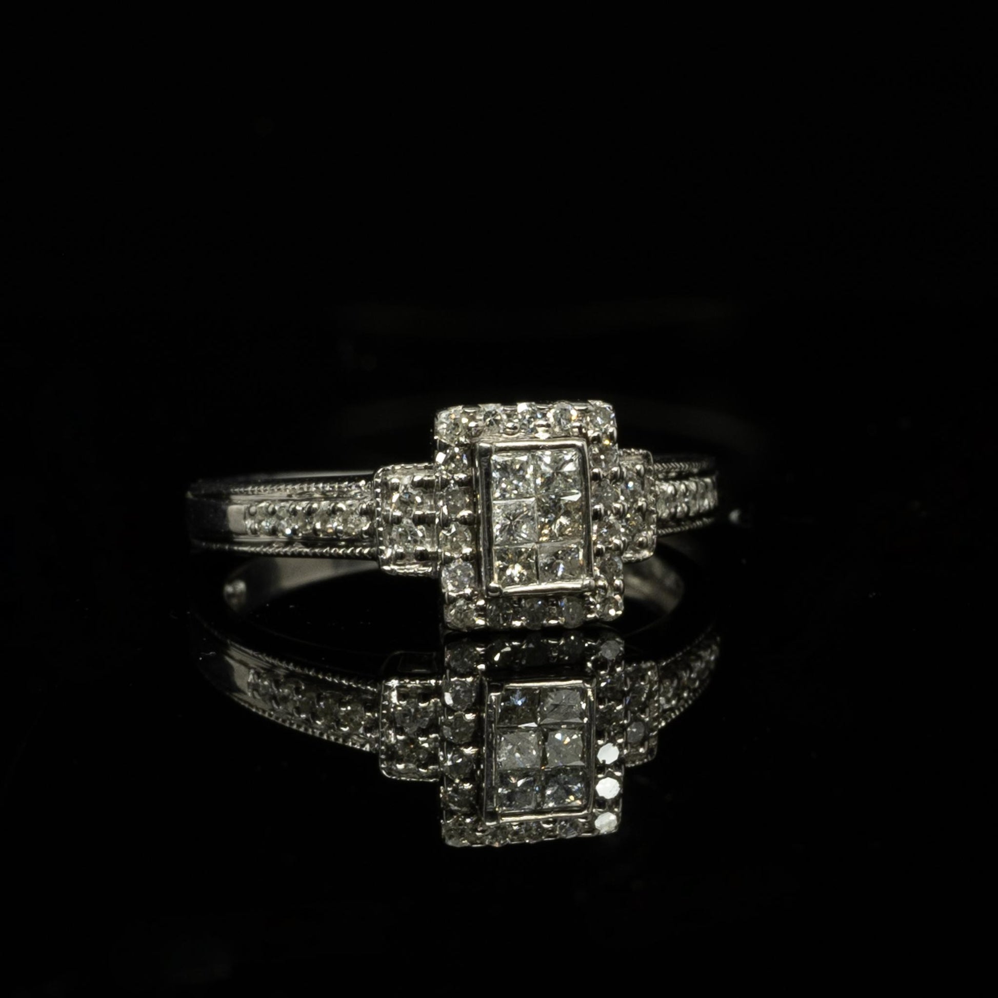 Half Carat TW Princess Cut Diamond Invisible Set White Gold Halo Engagement Ring