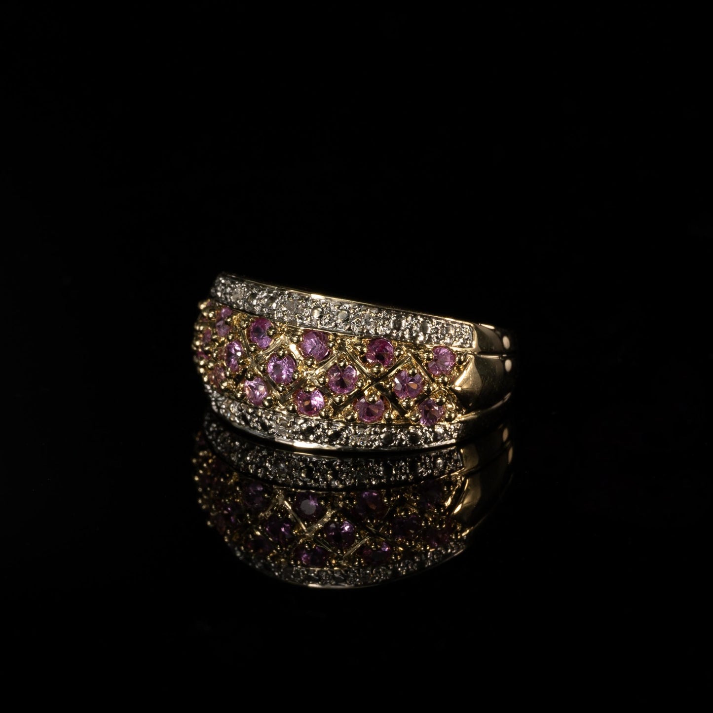 Pink Sapphire and Diamond Band 14k Yellow Gold Ring