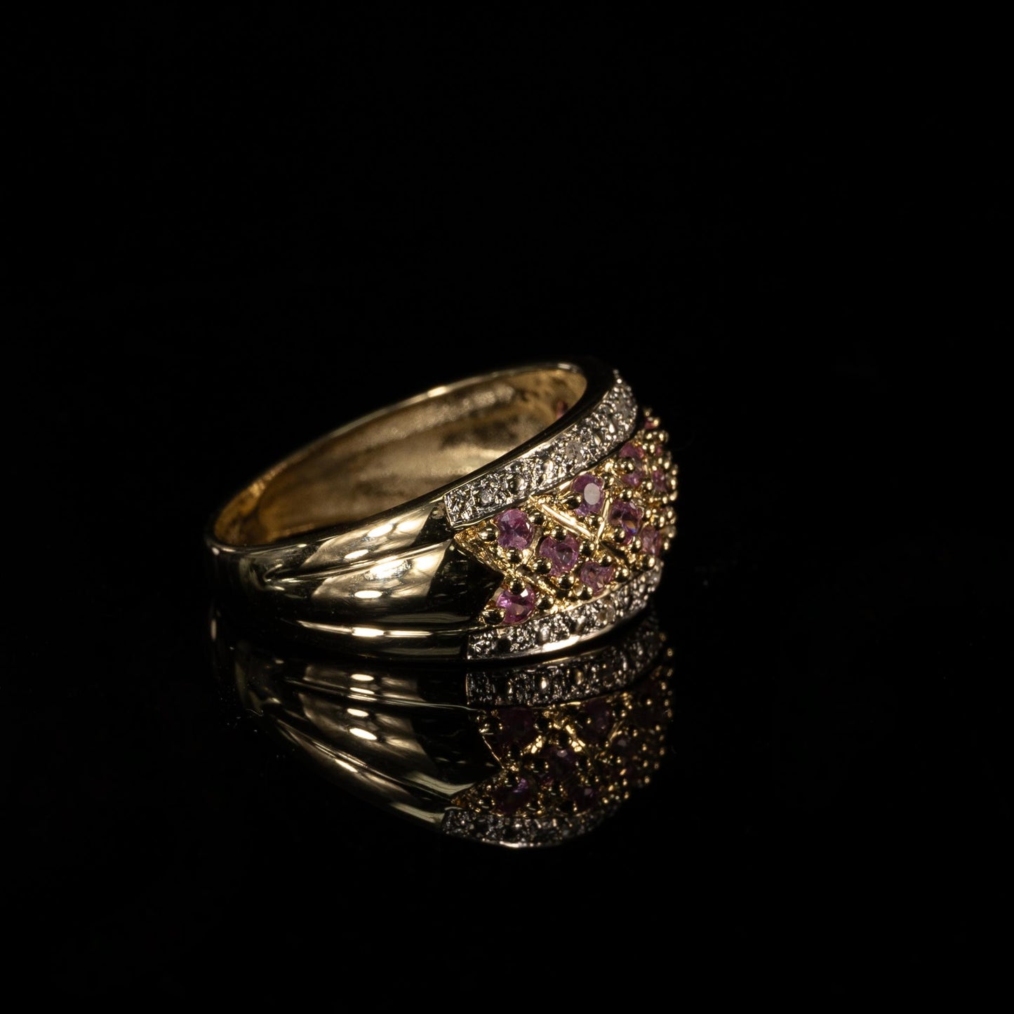 Pink Sapphire and Diamond Band 14k Yellow Gold Ring