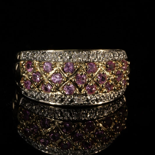 Pink Sapphire and Diamond Band 14k Yellow Gold Ring