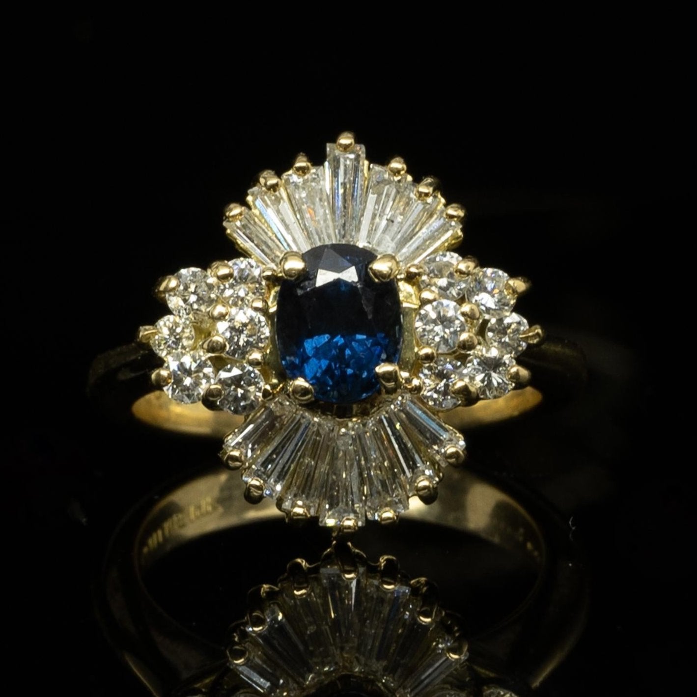 Blue Sapphire Oval Diamond Baguette Ballerina Ring in 14 & 18K Yellow Gold