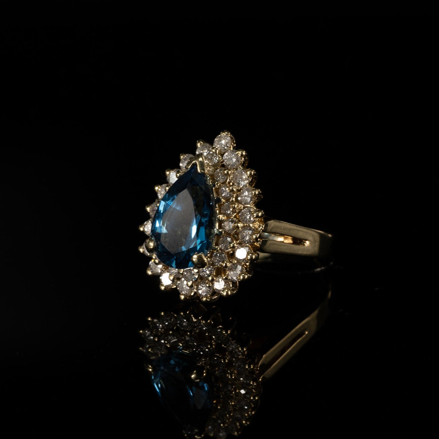 4ctw London Blue Topaz Pear Diamond Cluster 14k Yellow Gold Cocktail Ring