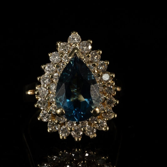 4ctw London Blue Topaz Pear Diamond Cluster 14k Yellow Gold Cocktail Ring