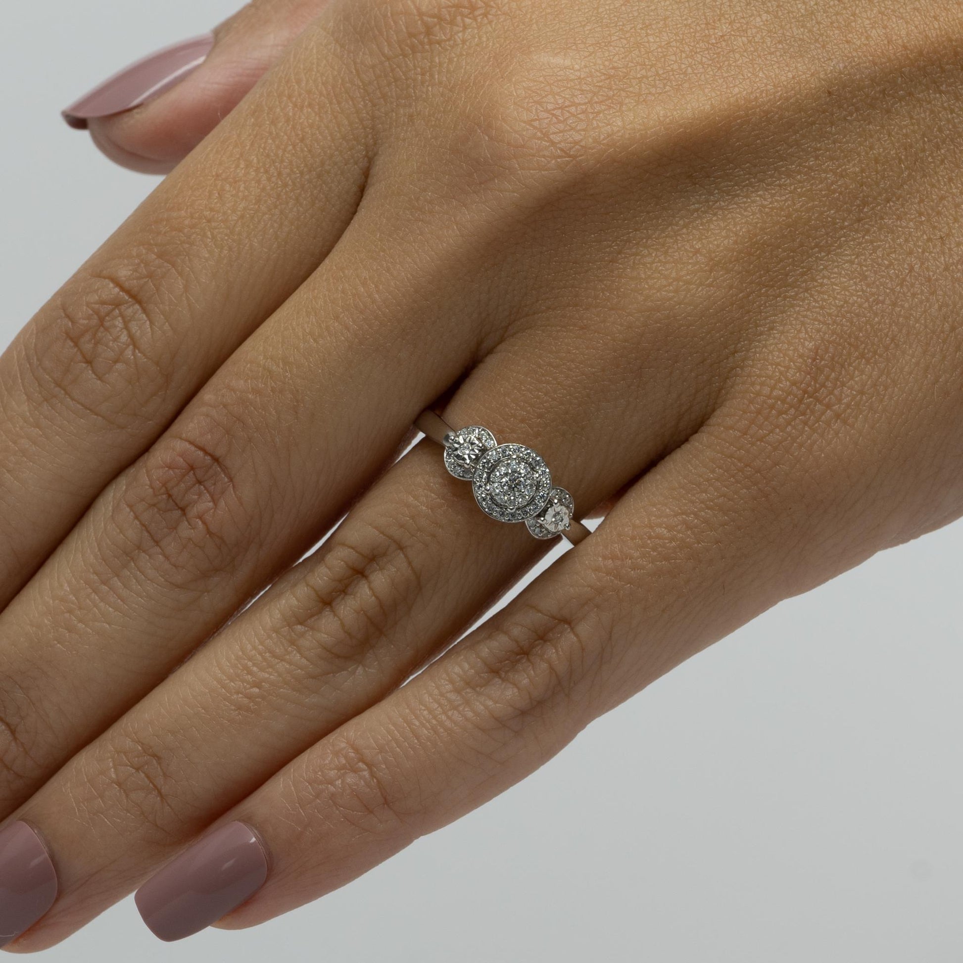 Diamond Halo "3 Stone" White Gold Engagement Ring