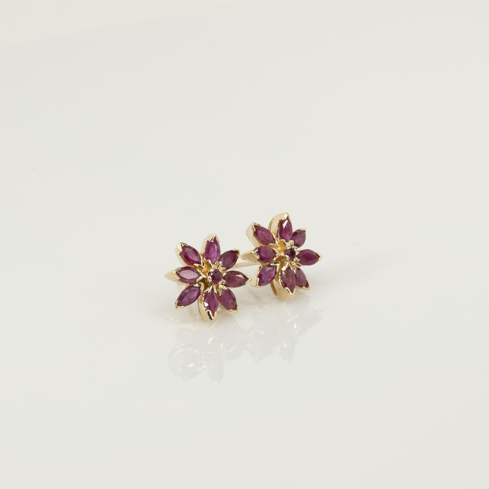 Ruby Marquise Flower Cluster 18K Yellow Gold Earrings