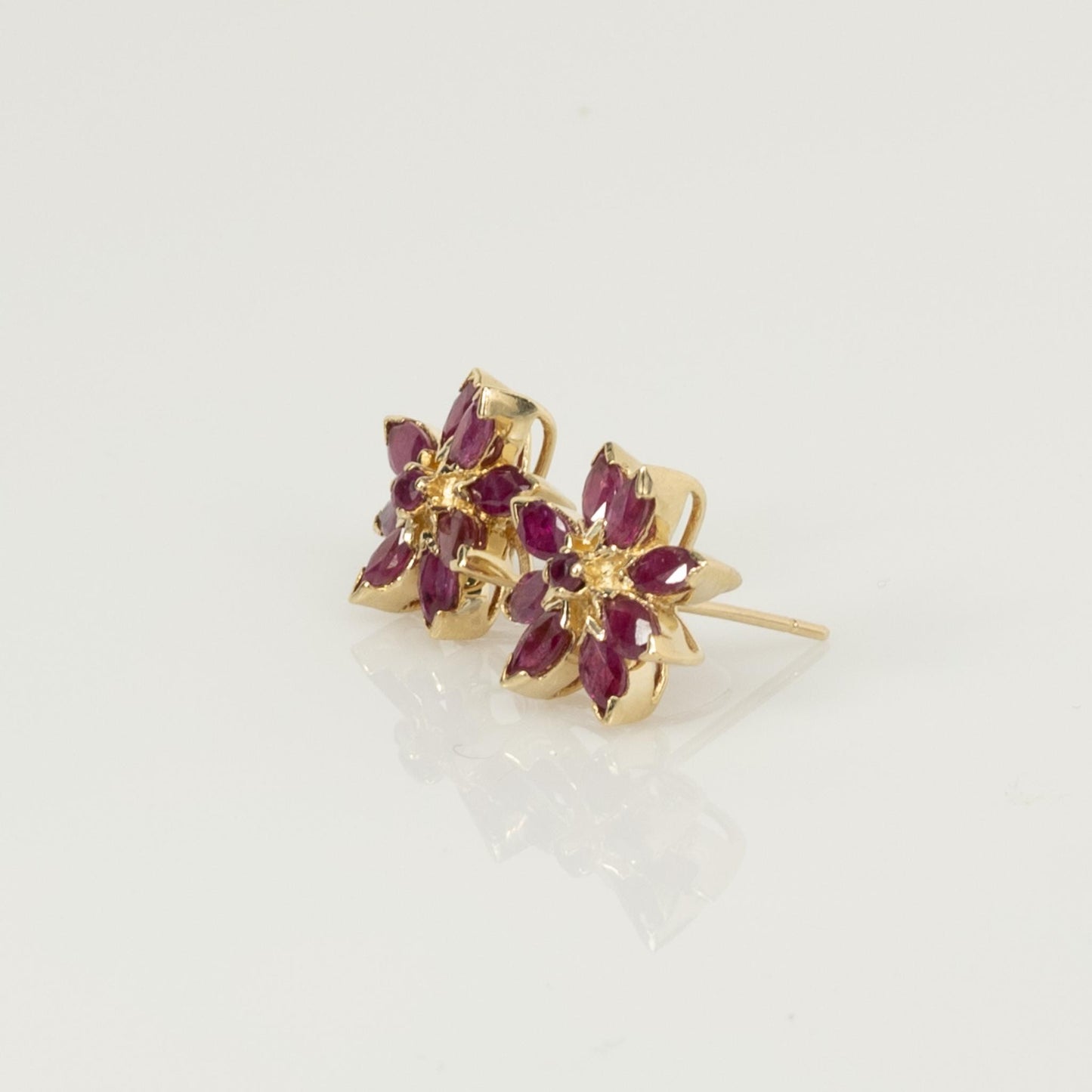 Ruby Marquise Flower Cluster 18K Yellow Gold Earrings