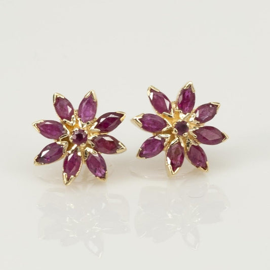 Ruby Marquise Flower Cluster 18K Yellow Gold Earrings