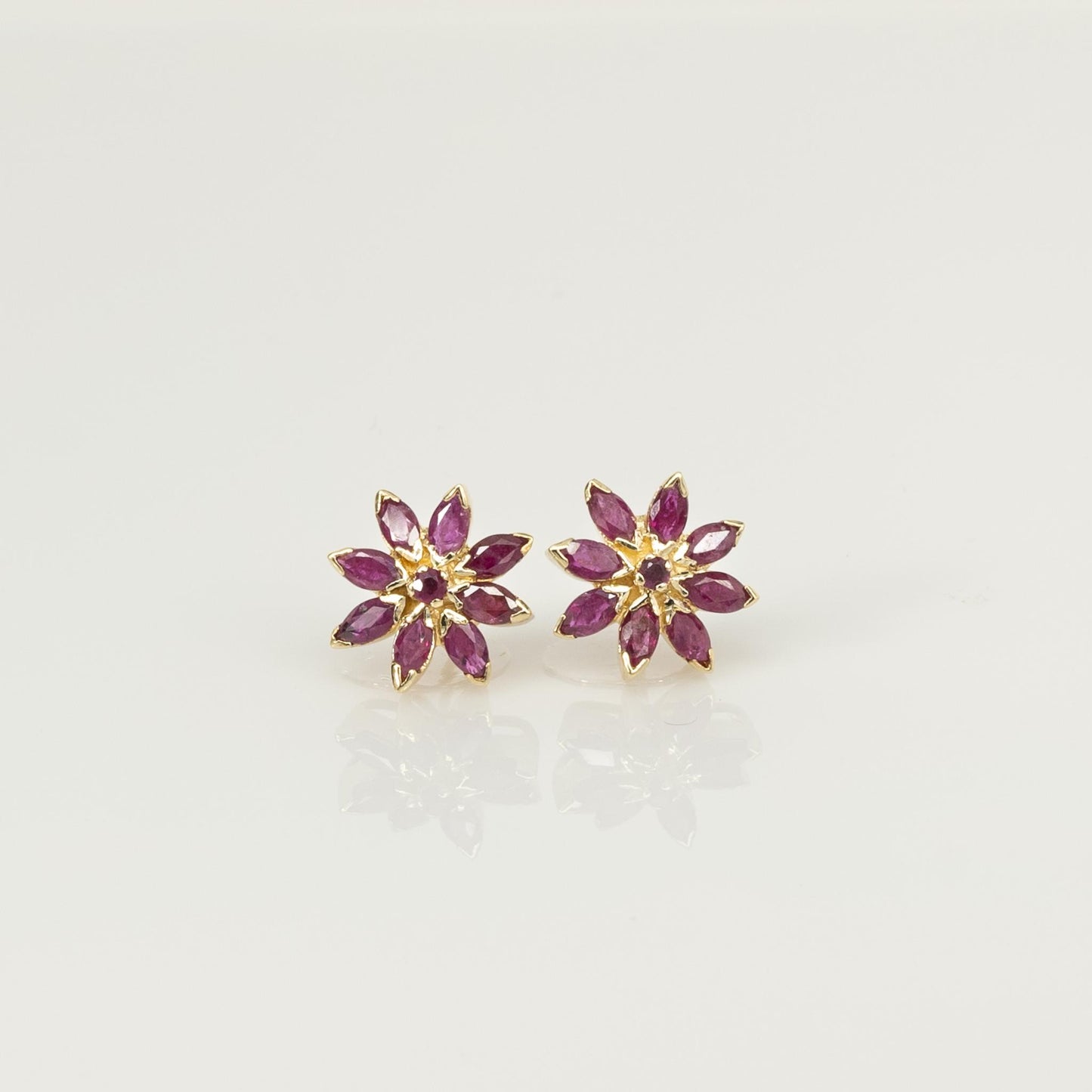 Ruby Marquise Flower Cluster 18K Yellow Gold Earrings