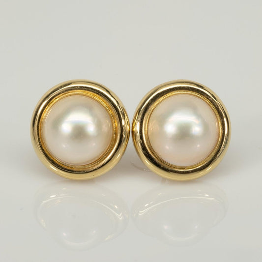 15mm Mabe Pearl 14k Bezel Set Gold Earrings Omega Back