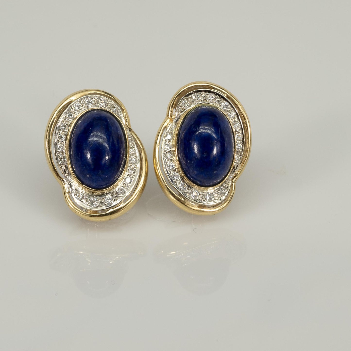 Blue Oval Lapis and Diamond 14k Yellow Gold Omega Back Earrings