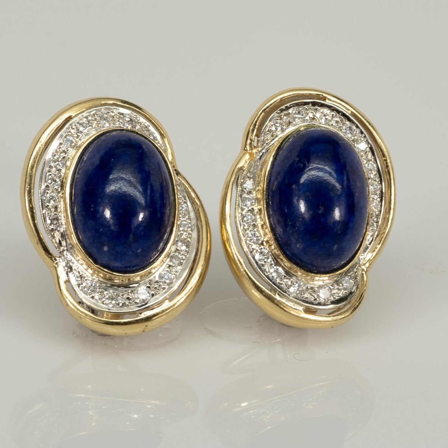 Blue Oval Lapis and Diamond 14k Yellow Gold Omega Back Earrings