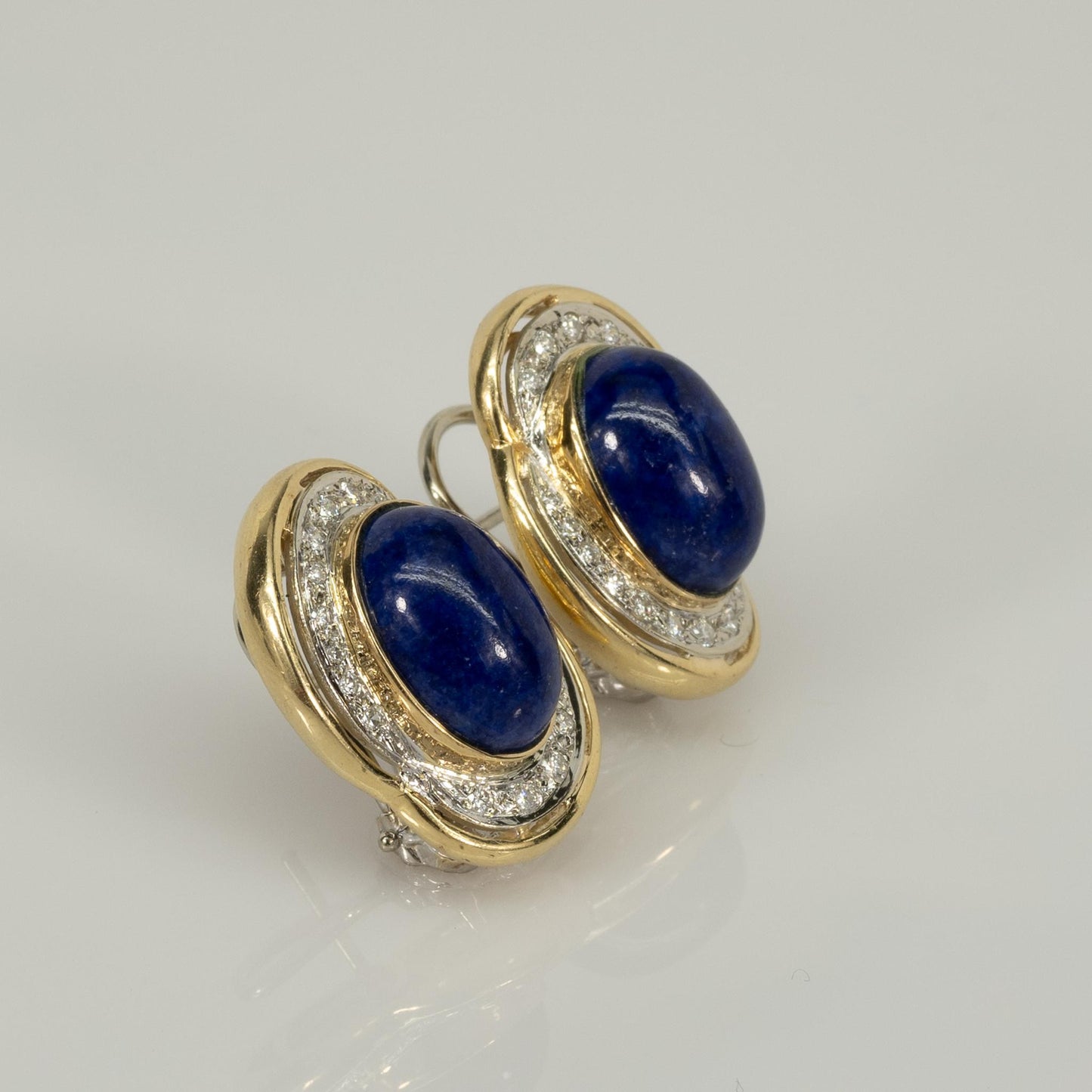 Blue Oval Lapis and Diamond 14k Yellow Gold Omega Back Earrings