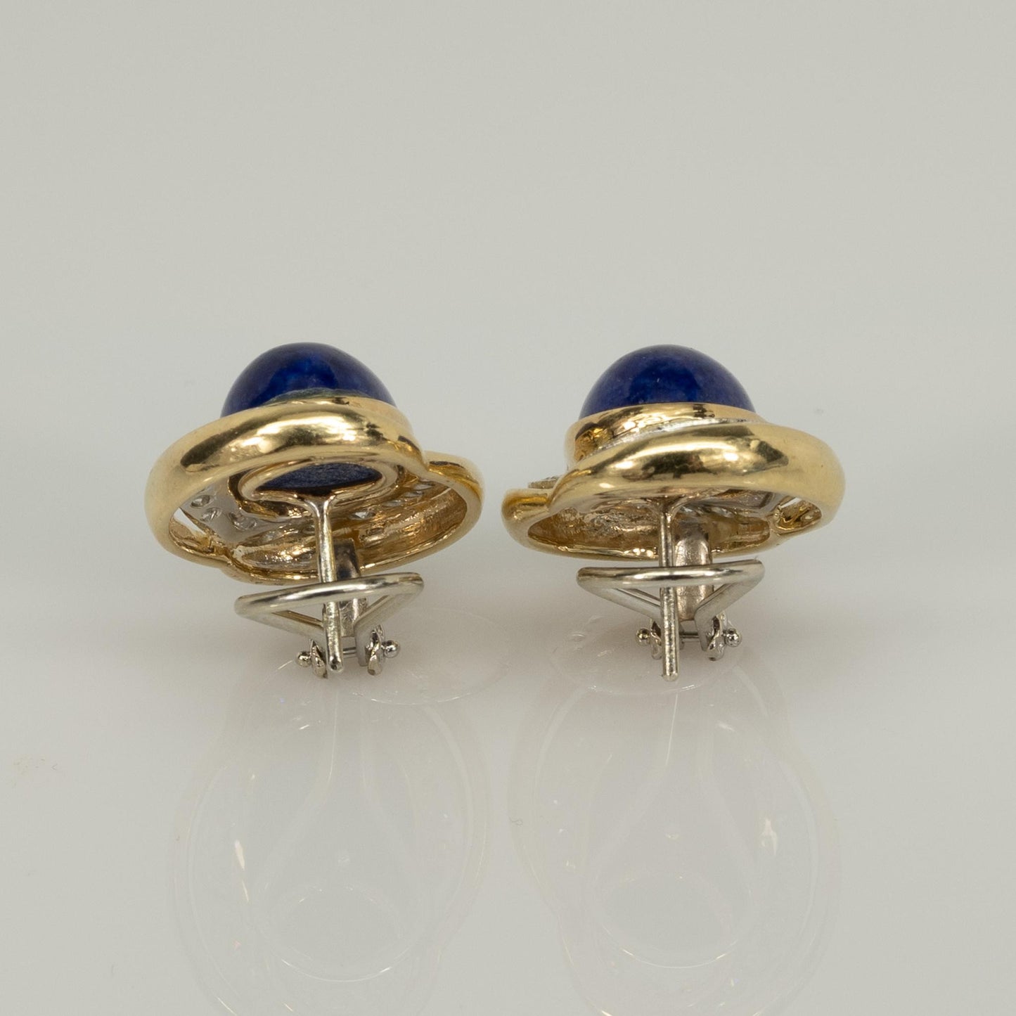 Blue Oval Lapis and Diamond 14k Yellow Gold Omega Back Earrings