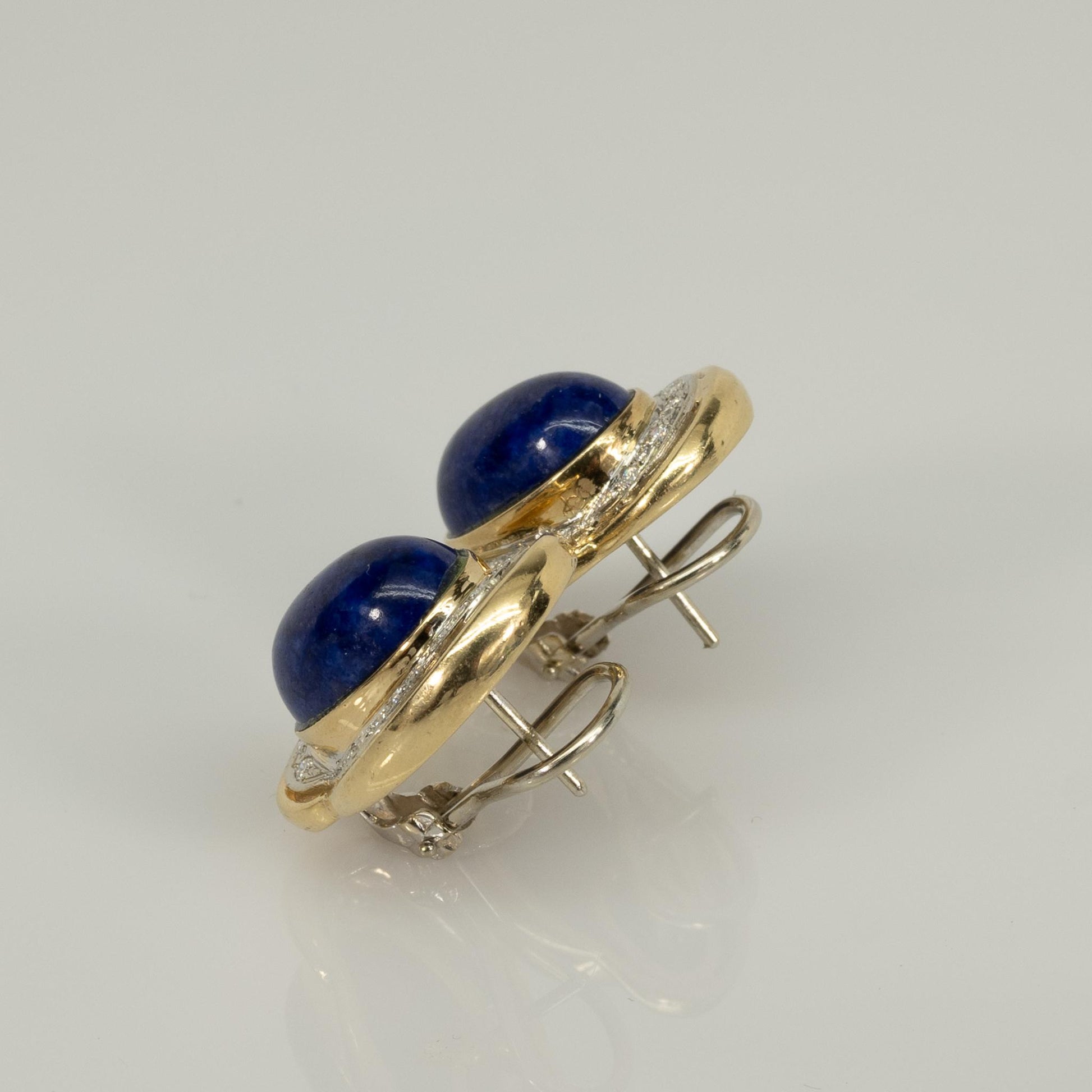 Blue Oval Lapis and Diamond 14k Yellow Gold Omega Back Earrings