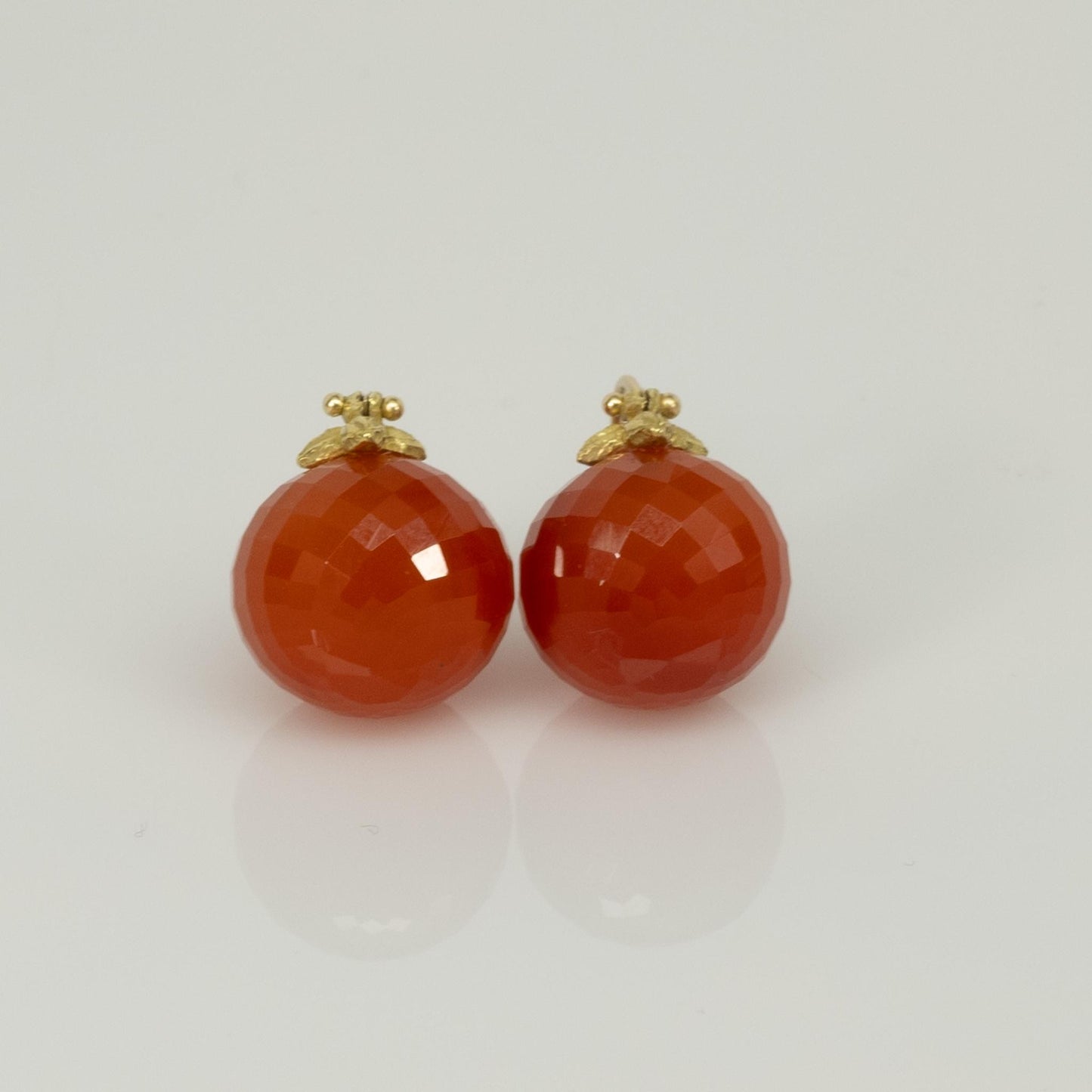 Orange Jadeite Faceted Ball Dangle 14k Yellow Gold Earrings