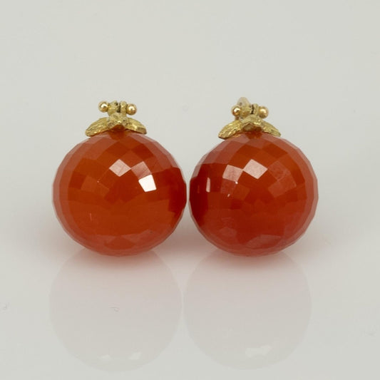 Orange Jadeite Faceted Ball Dangle 14k Yellow Gold Earrings