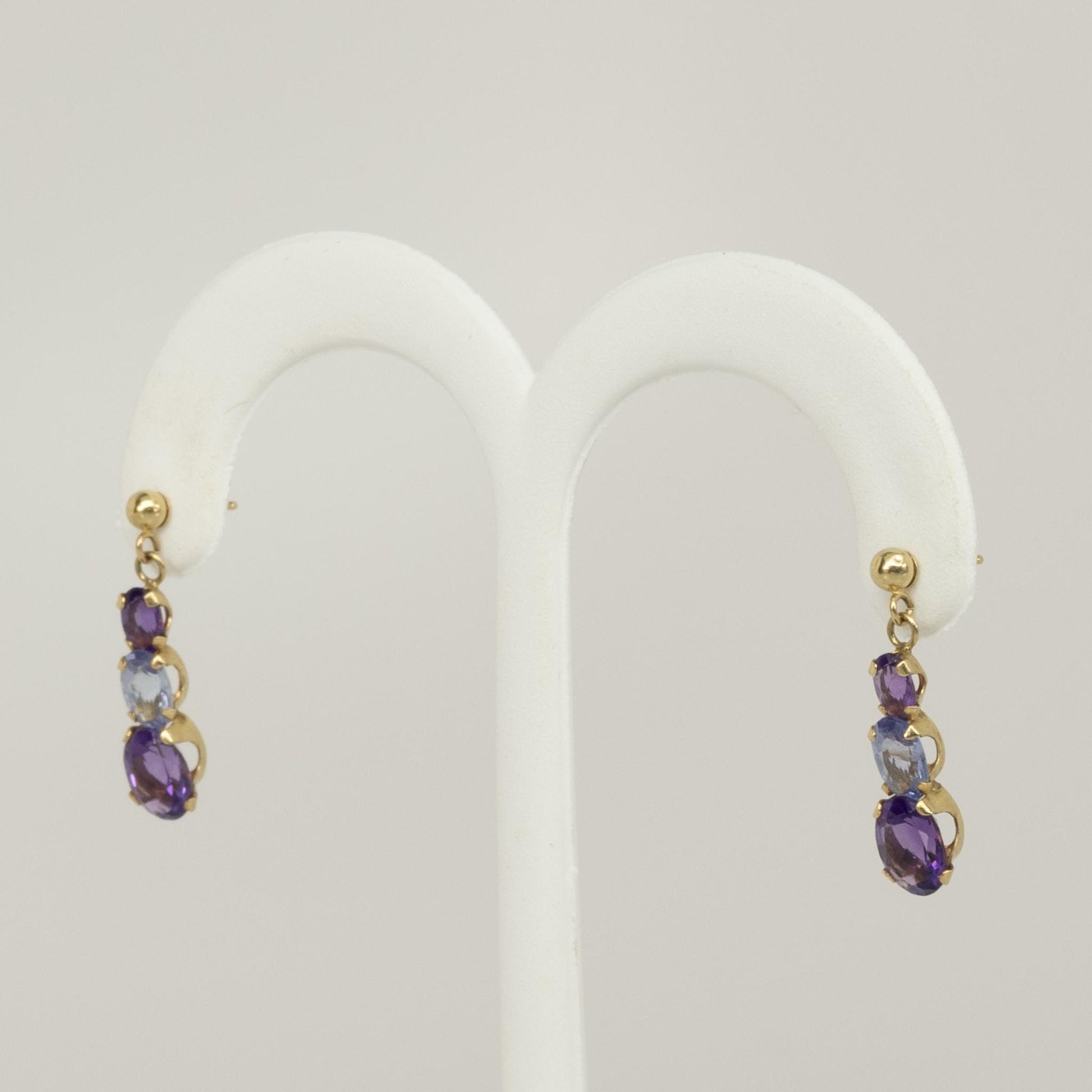 Amethyst & Blue Topaz Oval 14k Yellow Gold Drop Earrings