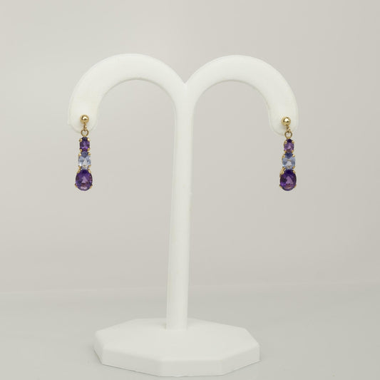 Amethyst & Blue Topaz Oval 14k Yellow Gold Drop Earrings