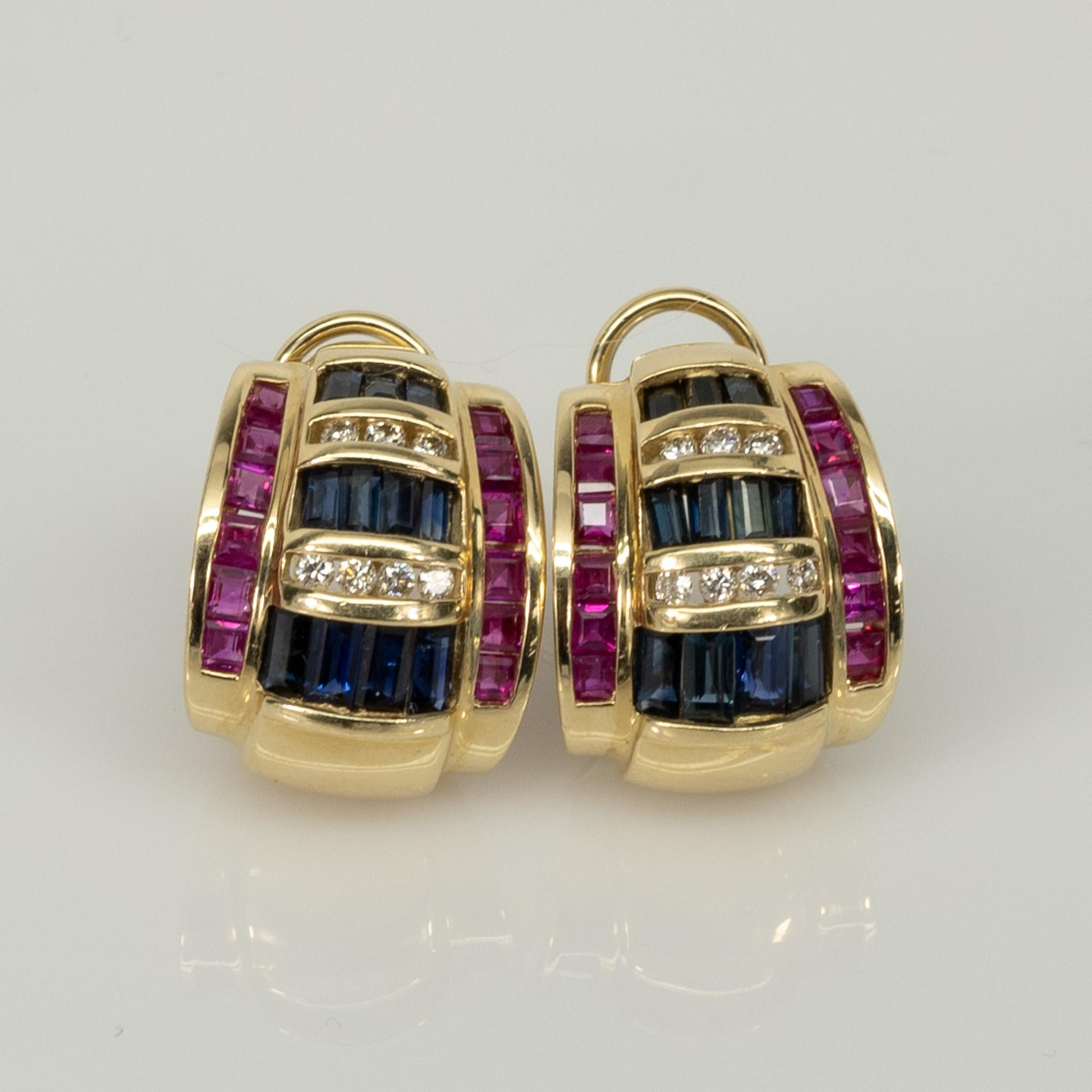 4ctw Sapphire Ruby & Diamond 14k Yellow Gold Earrings Omega Back