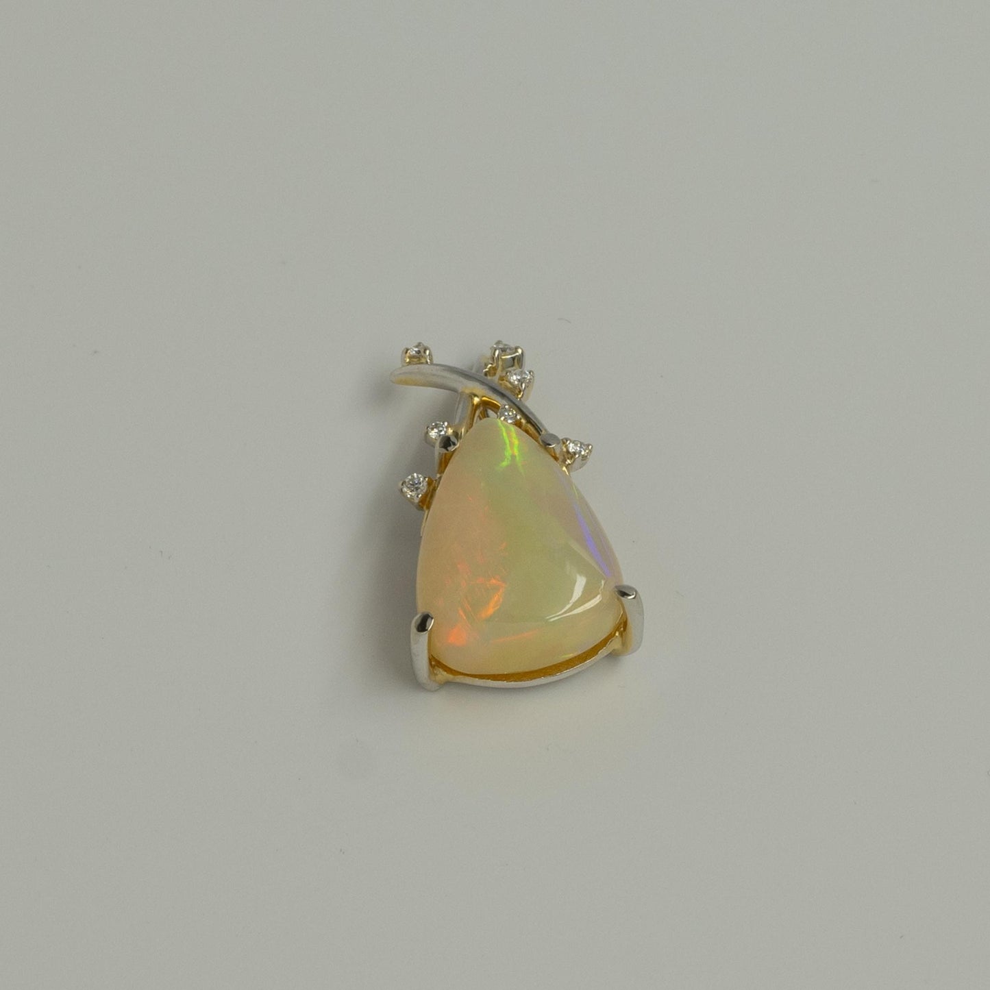 12ct Opal Cabochon & Diamond Two Tone 14k Pendant  Broad Orange & Yellow Flashes