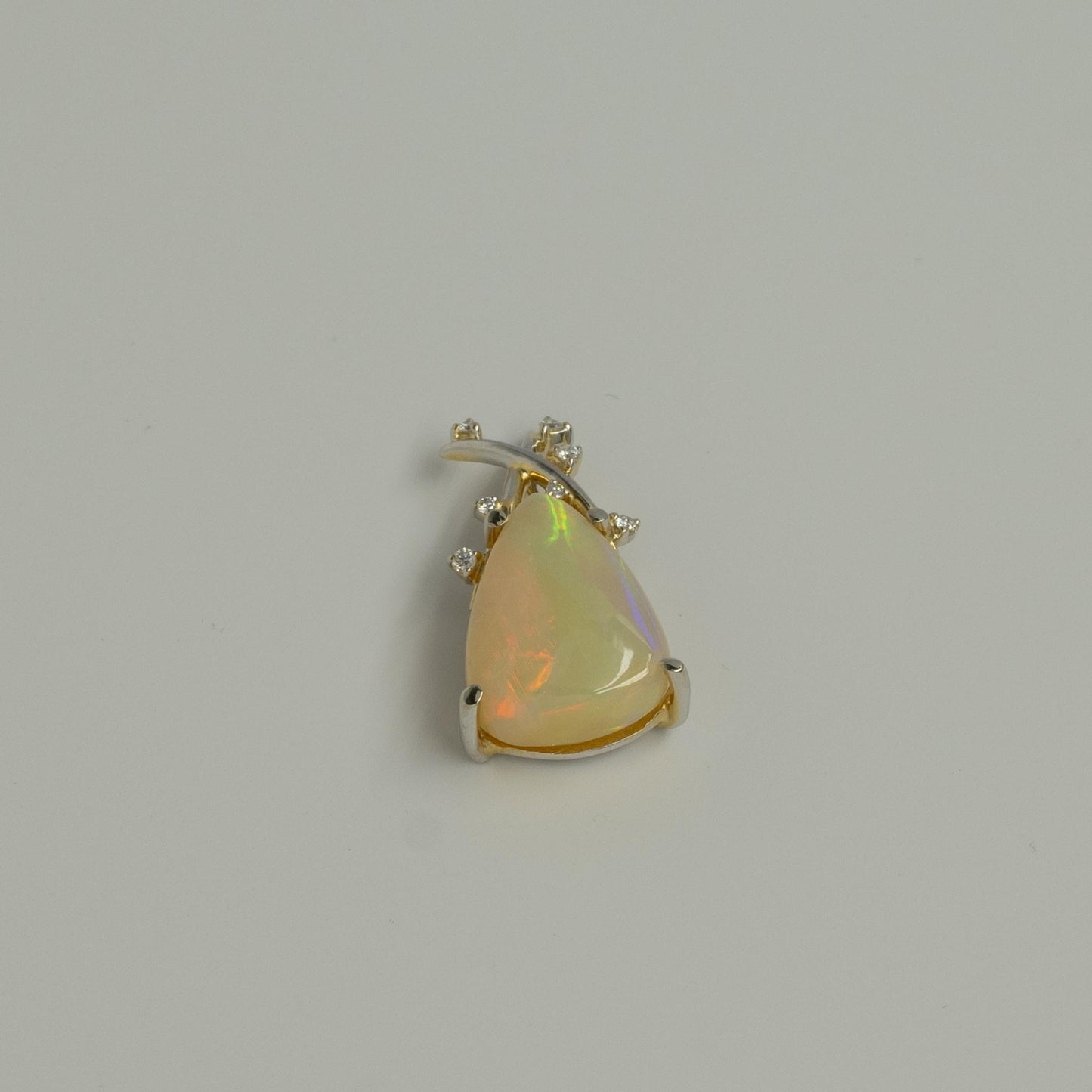 12ct Opal Cabochon & Diamond Two Tone 14k Pendant  Broad Orange & Yellow Flashes