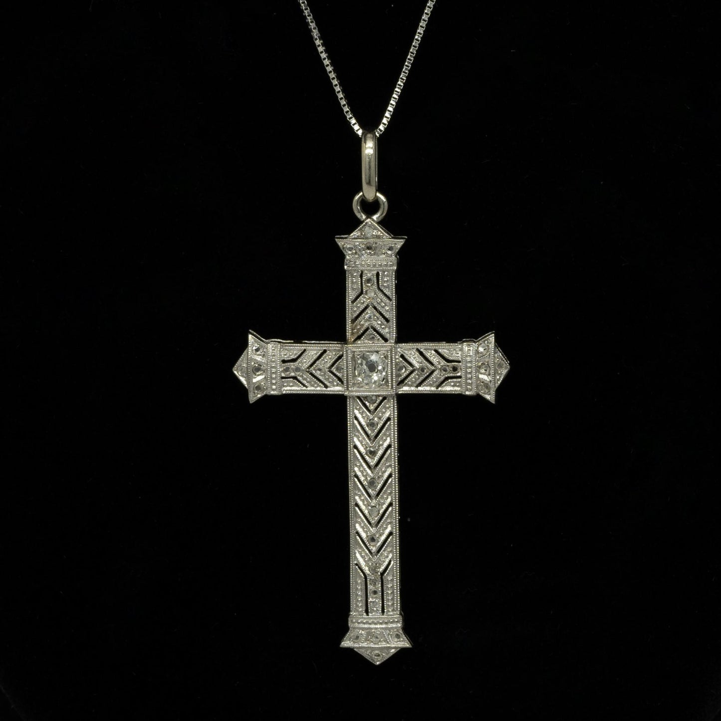 Antique Old Mine Cut & Rose Cut Diamond Platinum Filigree Cross Pendant