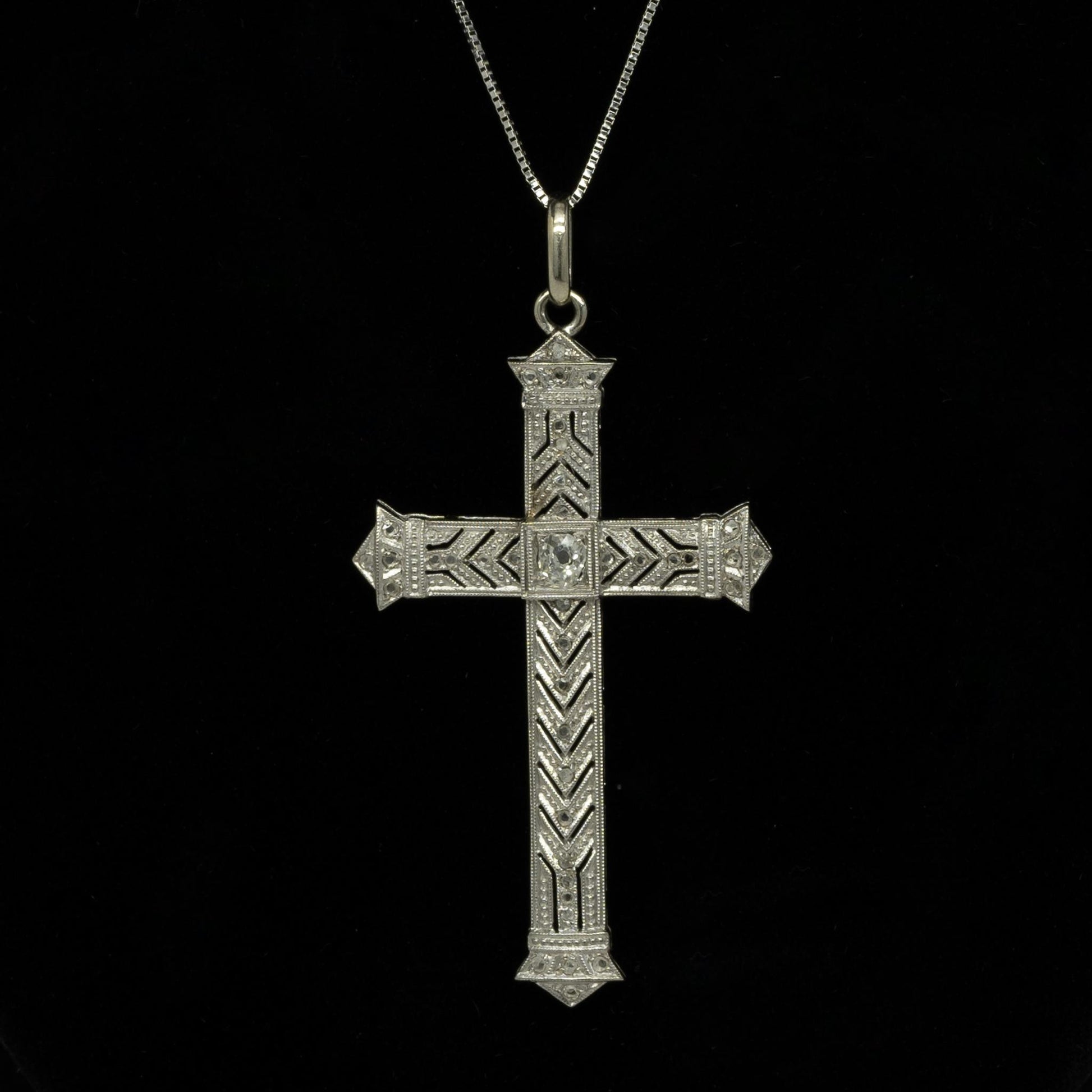 Antique Old Mine Cut & Rose Cut Diamond Platinum Filigree Cross Pendant