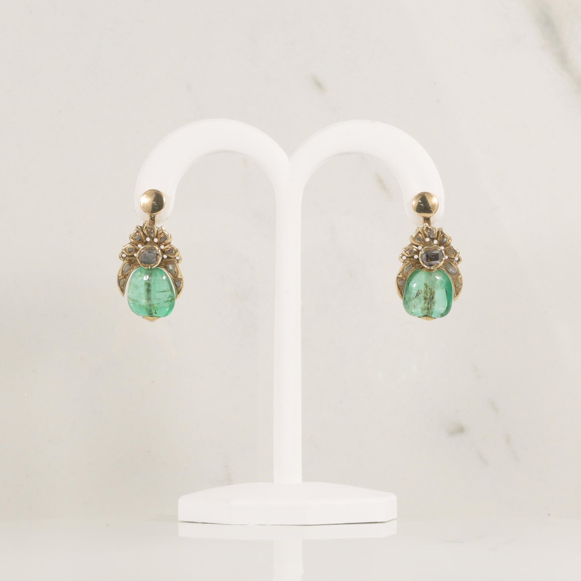 Antique Drilled Emerald Cabochon Dangle Earrings W/ Rose Cut Diamonds 14K Gold