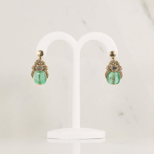 Antique Drilled Emerald Cabochon Dangle Earrings W/ Rose Cut Diamonds 14K Gold