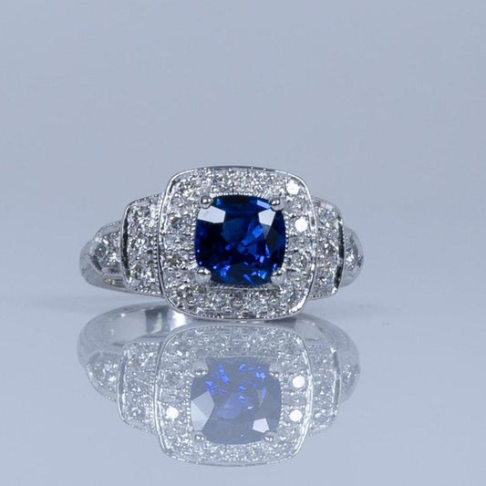 1.28ct GIA Cushion Cut Ceylon Blue Sapphire Vintage Style 14k White Gold Ring