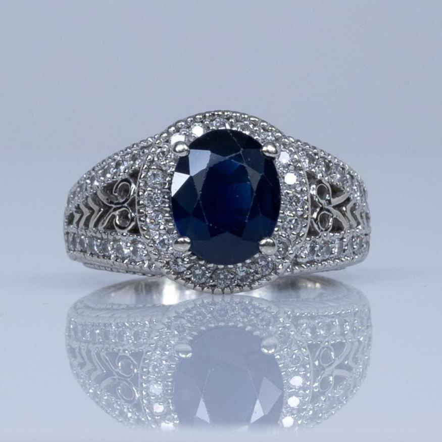 Vintage 3.9cttw Sapphire Diamond Halo Openwork Design 14K White Gold Ring